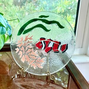 Peggy Karr Signed Fused Glass Art Plate – Clownfish Coral Reef Design – 8”